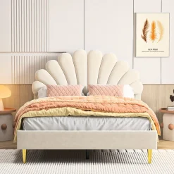 ProximaX Lit double 140 x 200,lit 140 x 200,lit rembourré,lit adulte avec tête de lit en forme de fleur,beige* Lit Coffre
