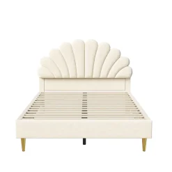 Generique Lit double 140 x 200,lit 140 x 200,lit rembourré,lit adulte avec tête de lit en forme de fleur,beige* Lit Double
