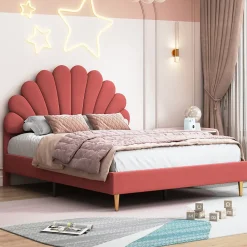 Generique Lit double 140 x 200,lit 140 x 200,lit rembourré,lit adulte avec tête de lit en forme de fleur,beige* Lit Double
