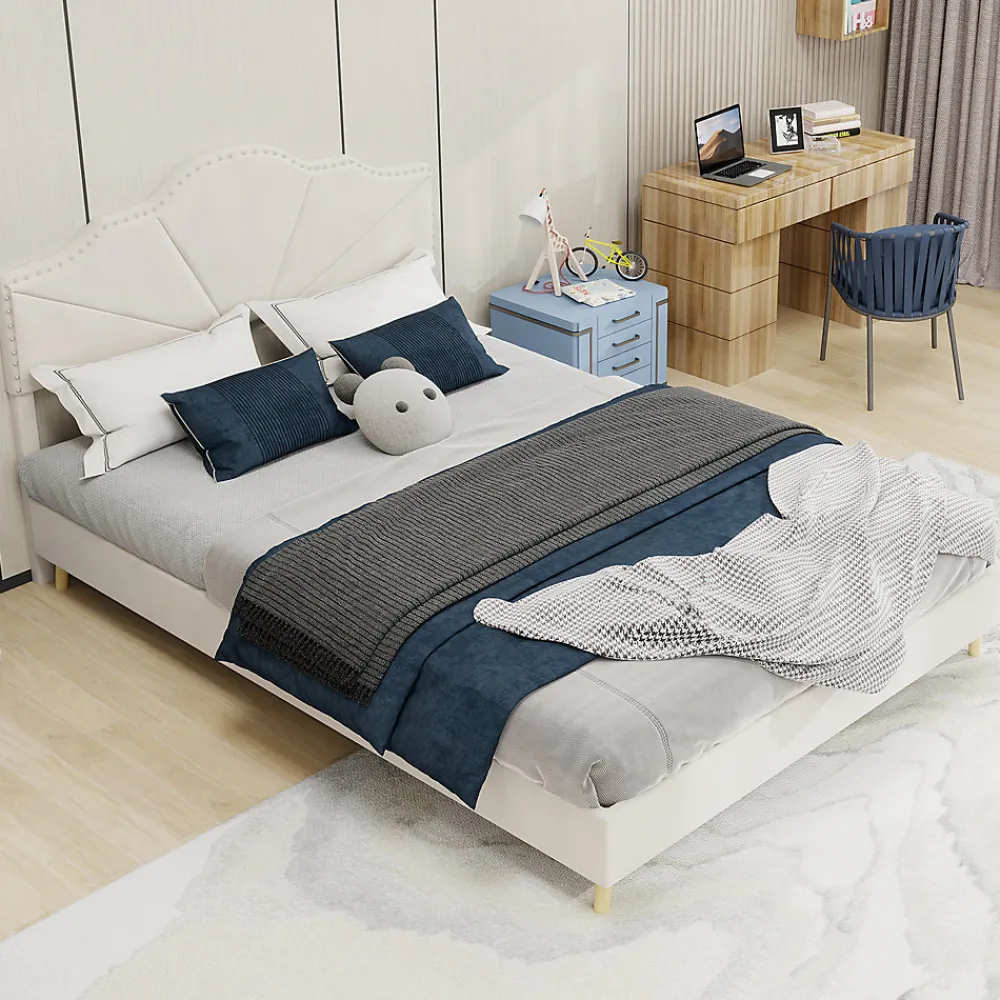 Lit Double Ado 140x200 cm - Lit Capitonné Bas Moderne et Confortable, Sans Vérin, Sans Matelas, Tissu Beige>Okwish New