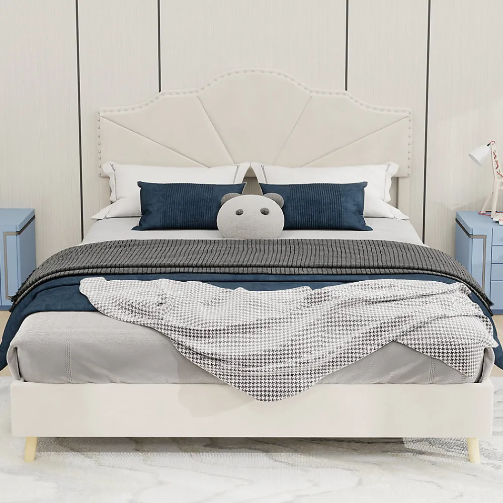 Lit Double Ado 140x200 cm - Lit Capitonné Bas Moderne et Confortable, Sans Vérin, Sans Matelas, Tissu Beige>Okwish New