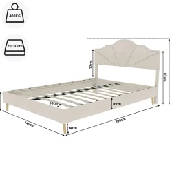 Lit Double Ado 140x200 cm - Lit Capitonné Bas Moderne et Confortable, Sans Vérin, Sans Matelas, Tissu Beige><noscript><img width=