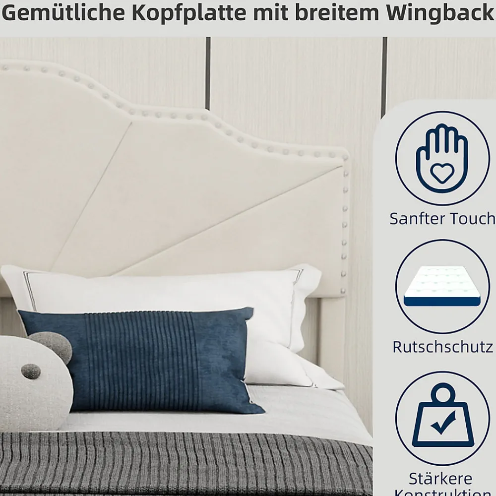 Lit Double Ado 140x200 cm - Lit Capitonné Bas Moderne et Confortable, Sans Vérin, Sans Matelas, Tissu Beige>Okwish New