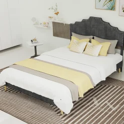 Okwish Lit Double Ado 140x200 cm - Lit Bas Capitonné, Sans Vérin et Sans Matelas, Moderne et Confortable, Tissu Gris* Lit Double