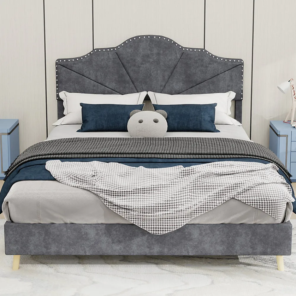 Lit Double Ado 140x200 cm - Lit Capitonné Bas Moderne et Confortable, Sans Vérin, Sans Matelas, Tissu Gris>Okwish Clearance