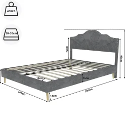 Lit Double Ado 140x200 cm - Lit Capitonné Bas Moderne et Confortable, Sans Vérin, Sans Matelas, Tissu Gris><noscript><img width=