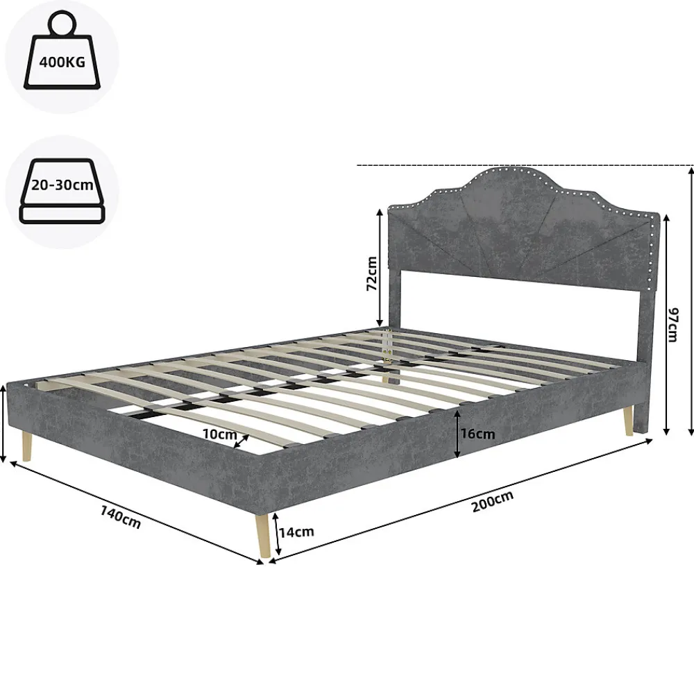 Lit Double Ado 140x200 cm - Lit Capitonné Bas Moderne et Confortable, Sans Vérin, Sans Matelas, Tissu Gris>Okwish Clearance
