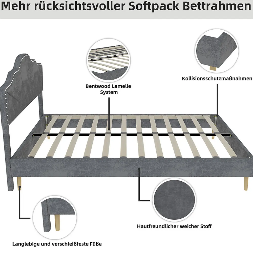 Lit Double Ado 140x200 cm - Lit Capitonné Bas Moderne et Confortable, Sans Vérin, Sans Matelas, Tissu Gris>Okwish Clearance