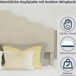 Okwish Lit Double Ado 140x200 cm - Tête de Lit Confortable et Style Moderne, Structure Composite en Tissu et Métal, sans Matelas, Beige* Lit Double