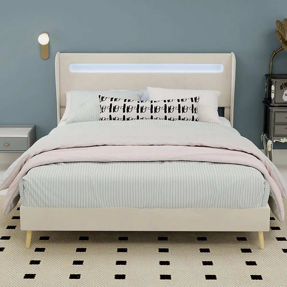 Lit Double Ado 140x200 cm - Tête de Lit Éclairage LED Doux, Structure Composite Stable en Tissu et Métal, sans Matelas, Beige>Okwish