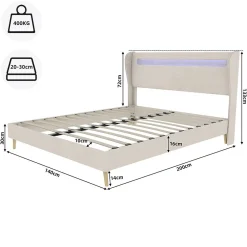 Lit Double Ado 140x200 cm - Tête de Lit Éclairage LED Doux, Structure Composite Stable en Tissu et Métal, sans Matelas, Beige><noscript><img width=