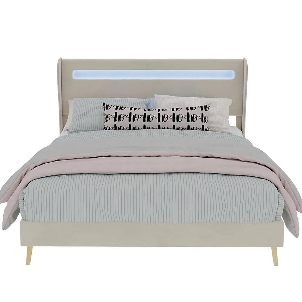 Lit Double Ado 140x200 cm - Tête de Lit Éclairage LED Doux, Structure Composite Stable en Tissu et Métal, sans Matelas, Beige>Okwish