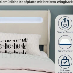 Lit Double Ado 140x200 cm - Tête de Lit Éclairage LED Doux, Structure Composite Stable en Tissu et Métal, sans Matelas, Beige><noscript><img width=