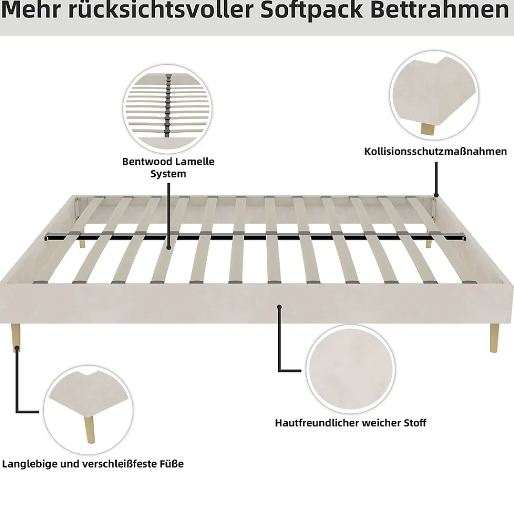 Okwish Lit Double Adulte 160x200 cm - Lit Sans Tête de Lit, Sans Matelas, Velours Moderne et Bas, Cadre Stable en Composite, Beige* Lit Double