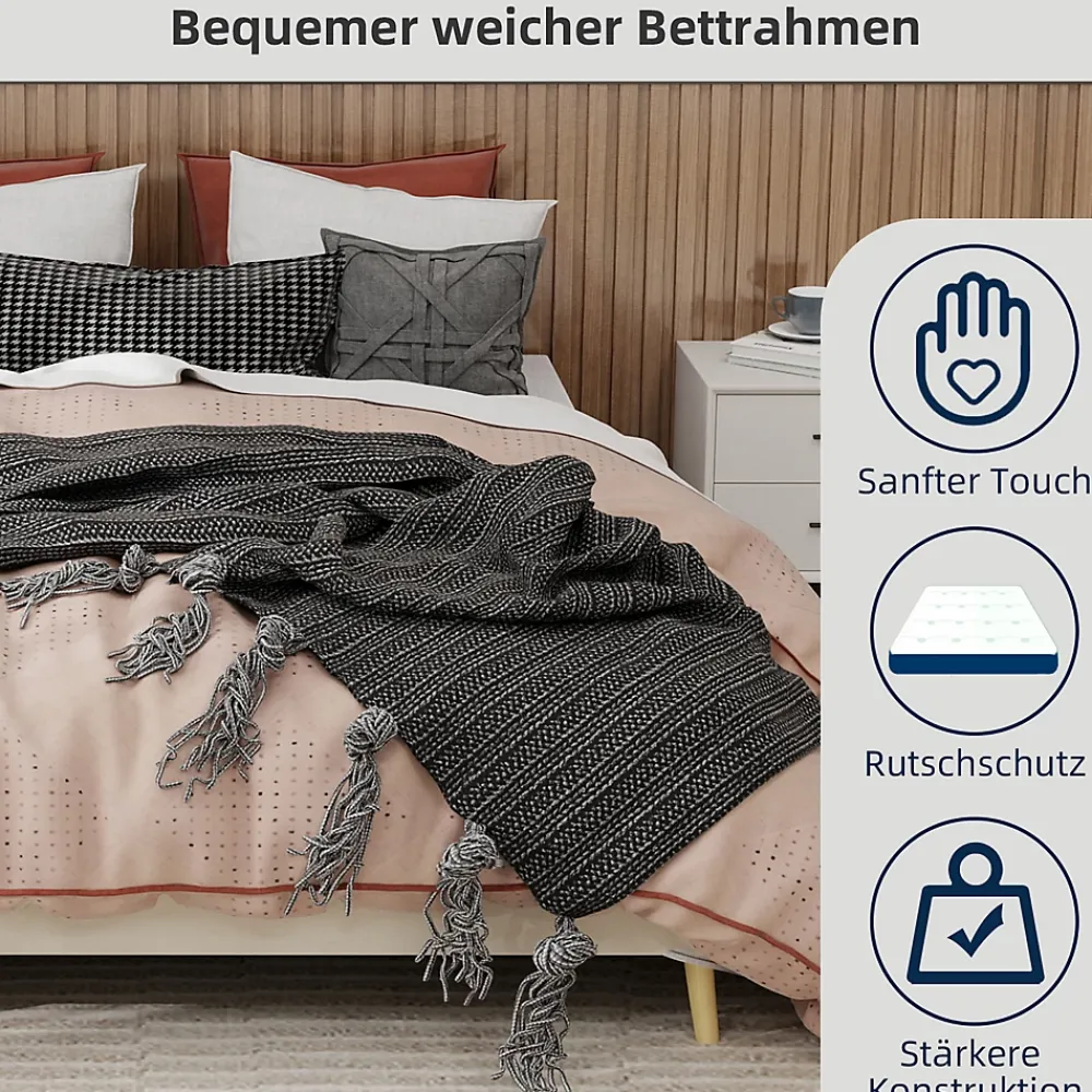 Okwish Lit Double Adulte 160x200 cm - Lit Sans Tête de Lit, Sans Matelas, Velours Moderne et Bas, Cadre Stable en Composite, Beige* Lit Double