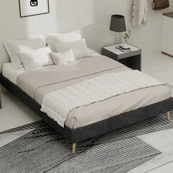 Okwish Lit Double Adulte/Ado 140x200 cm, avec Cadre Bas Moderne et Stable, Design Minimaliste en Velours Hollandais Gris, Sans Matelas* Lit Double
