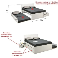 Lit double ALPHA 140x190 + 2 tiroirs + tiroir lit 90x190 avec sommier + chevet / Blanc><noscript><img width=