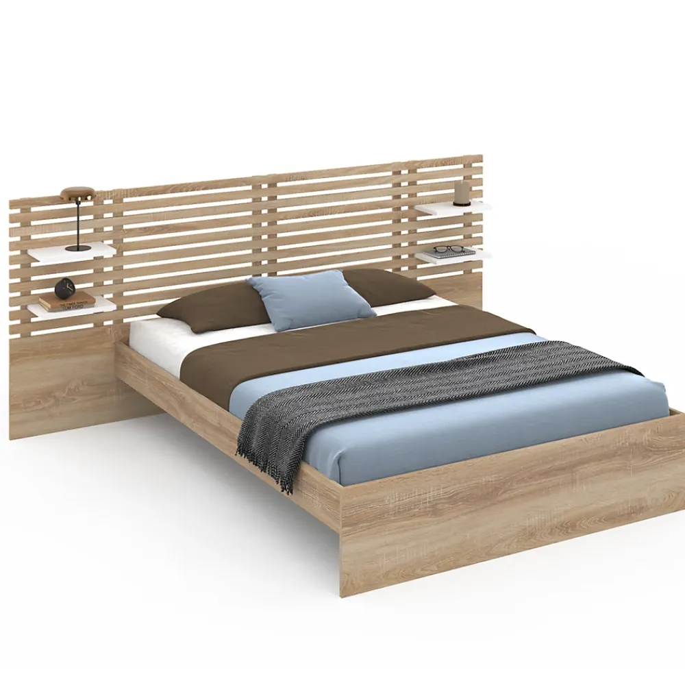IDMarket Lit double AMALIA avec tête de lit, étagères suspendues et sommier 140 x 190 cm hêtre et blanc* Lit Avec Rangement