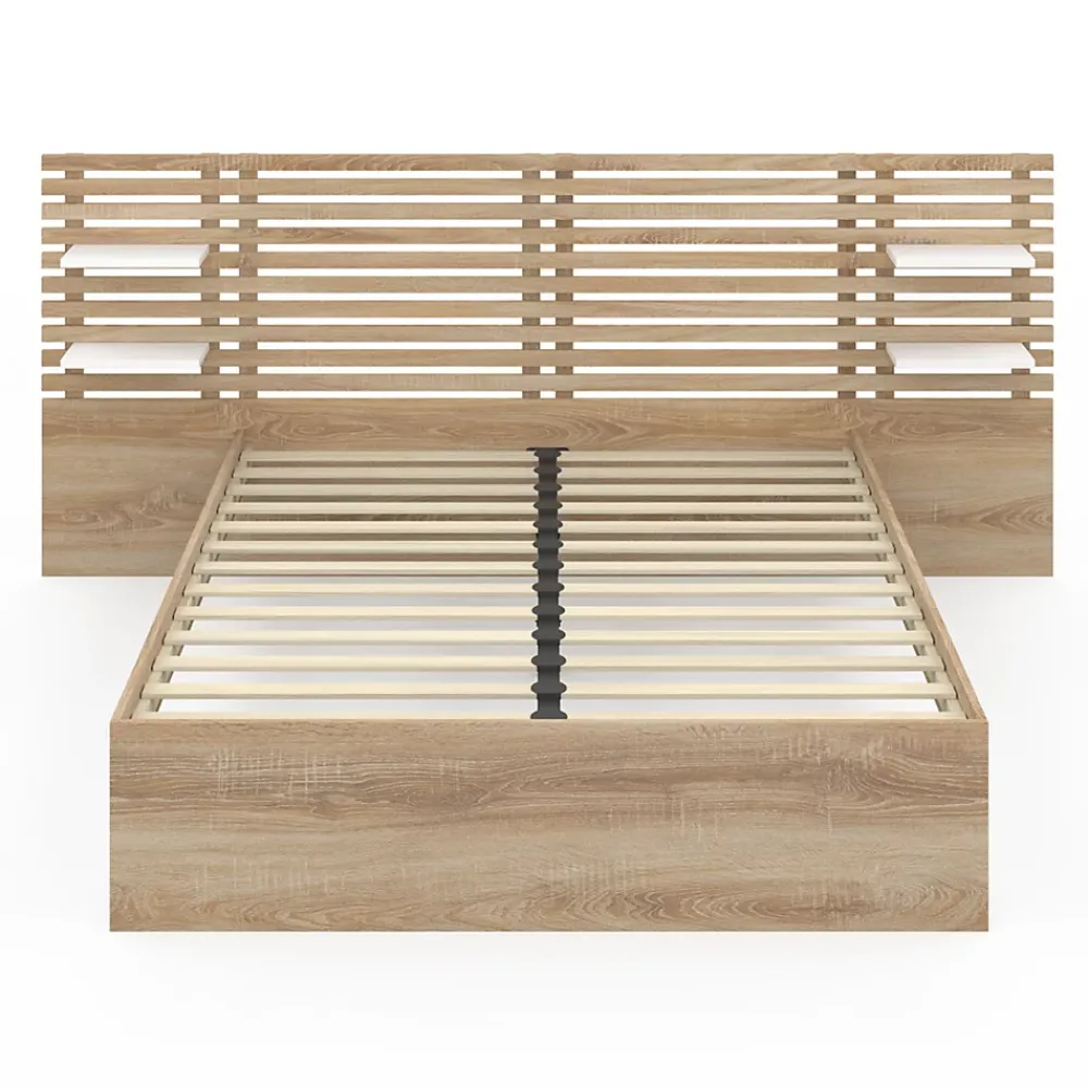 IDMarket Lit double AMALIA avec tête de lit, étagères suspendues et sommier 140 x 190 cm hêtre et blanc* Lit Avec Rangement