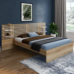 IDMarket Lit double AMALIA avec tête de lit, étagères suspendues et sommier 140 x 190 cm hêtre et blanc* Lit Avec Rangement