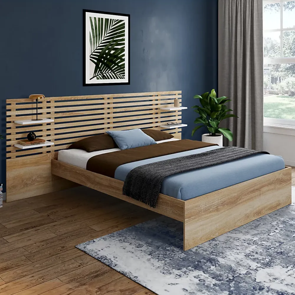 IDMarket Lit double AMALIA avec tête de lit, étagères suspendues et sommier 140 x 190 cm hêtre et blanc* Lit Avec Rangement