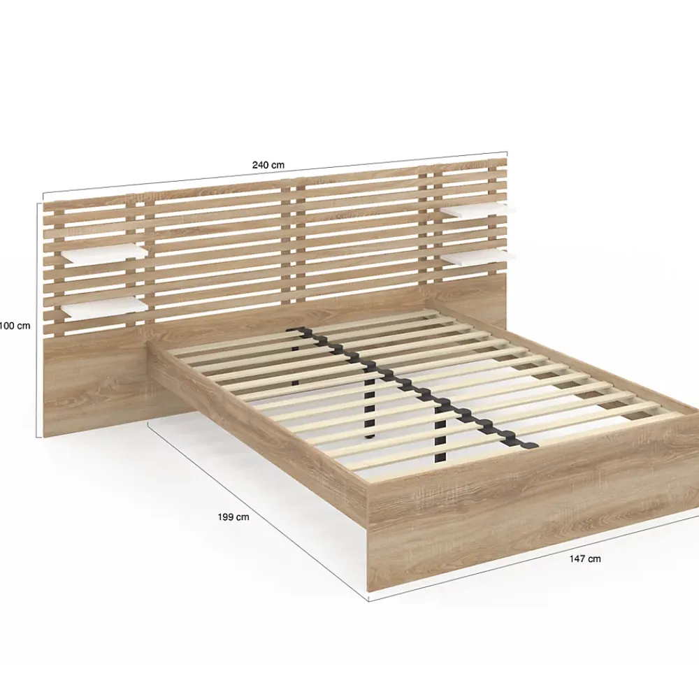 IDMarket Lit double AMALIA avec tête de lit, étagères suspendues et sommier 140 x 190 cm hêtre et blanc* Lit Avec Rangement