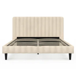 Lit double ANNIE avec tête de lit et sommier 140 x 190 cm velours beige><noscript><img width=
