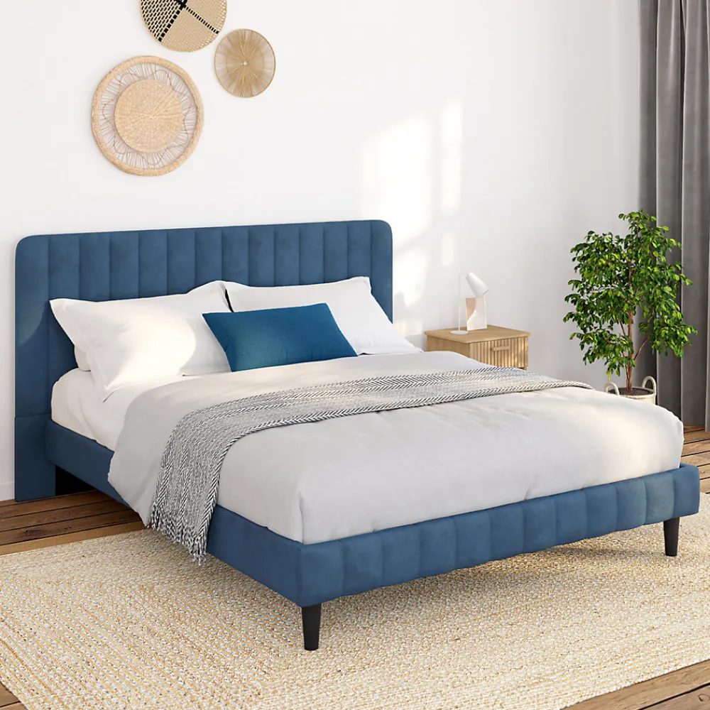 Lit double ANNIE avec tête de lit et sommier 140 x 190 cm velours bleu>IDMarket