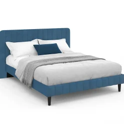 Lit double ANNIE avec tête de lit et sommier 140 x 190 cm velours bleu>IDMarket