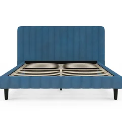Lit double ANNIE avec tête de lit et sommier 140 x 190 cm velours bleu><noscript><img width=