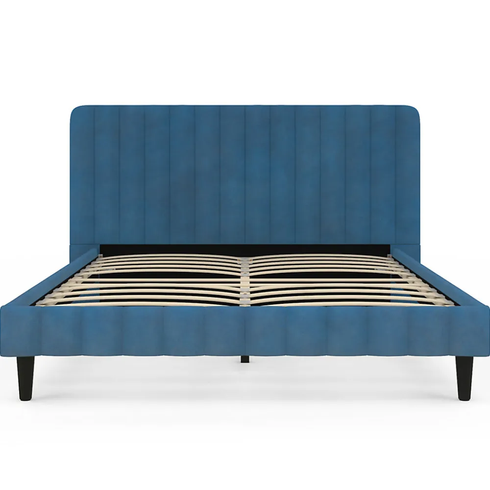 Lit double ANNIE avec tête de lit et sommier 140 x 190 cm velours bleu>IDMarket