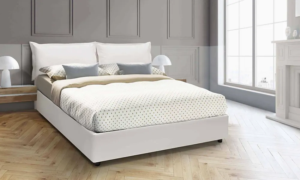 Lit double Arry, lit coffre en éco-cuir, ouverture frontale, matelas 140x200 cm inclus, 100% Made in Italy, Blanc>Talamo Italia Outlet