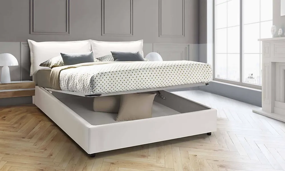 Lit double Arry, lit coffre en éco-cuir, ouverture frontale, matelas 140x200 cm inclus, 100% Made in Italy, Blanc>Talamo Italia Outlet