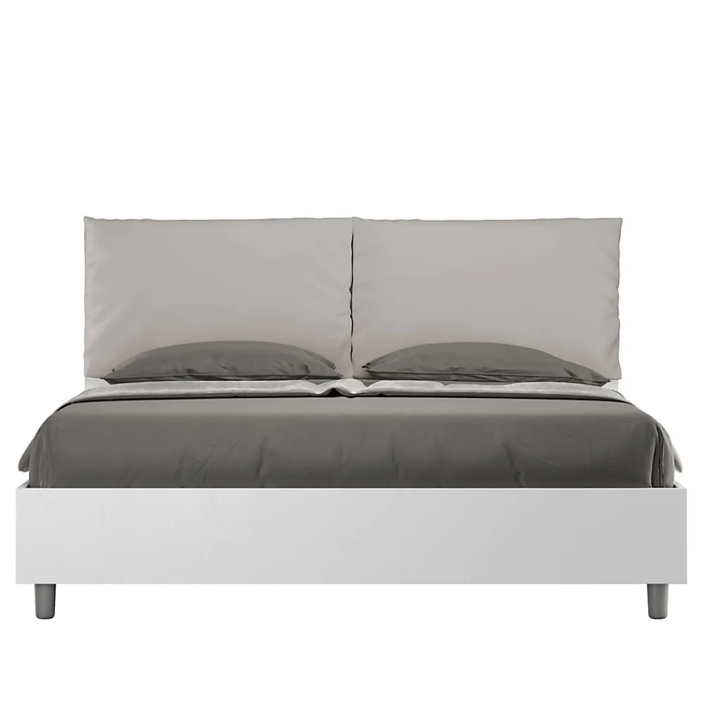Lit double avec rangement, double relevable, 160x200 cm, bois de frêne blanc, coussins simili cuir gris tourterelle, Egos Antea>Ityhome New