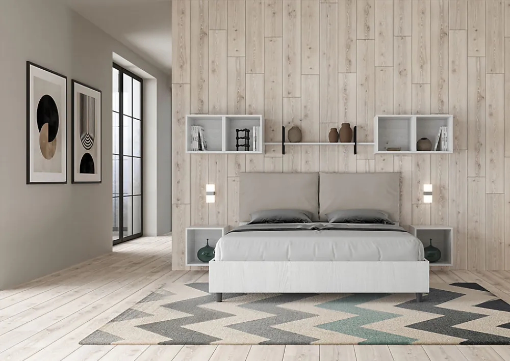 Lit double avec rangement, double relevable, 160x200 cm, bois de frêne blanc, coussins simili cuir gris tourterelle, Egos Antea>Ityhome New