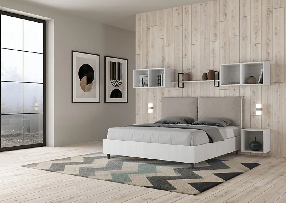 Lit double avec rangement, double relevable, 160x200 cm, bois de frêne blanc, coussins simili cuir gris tourterelle, Egos Antea>Ityhome New