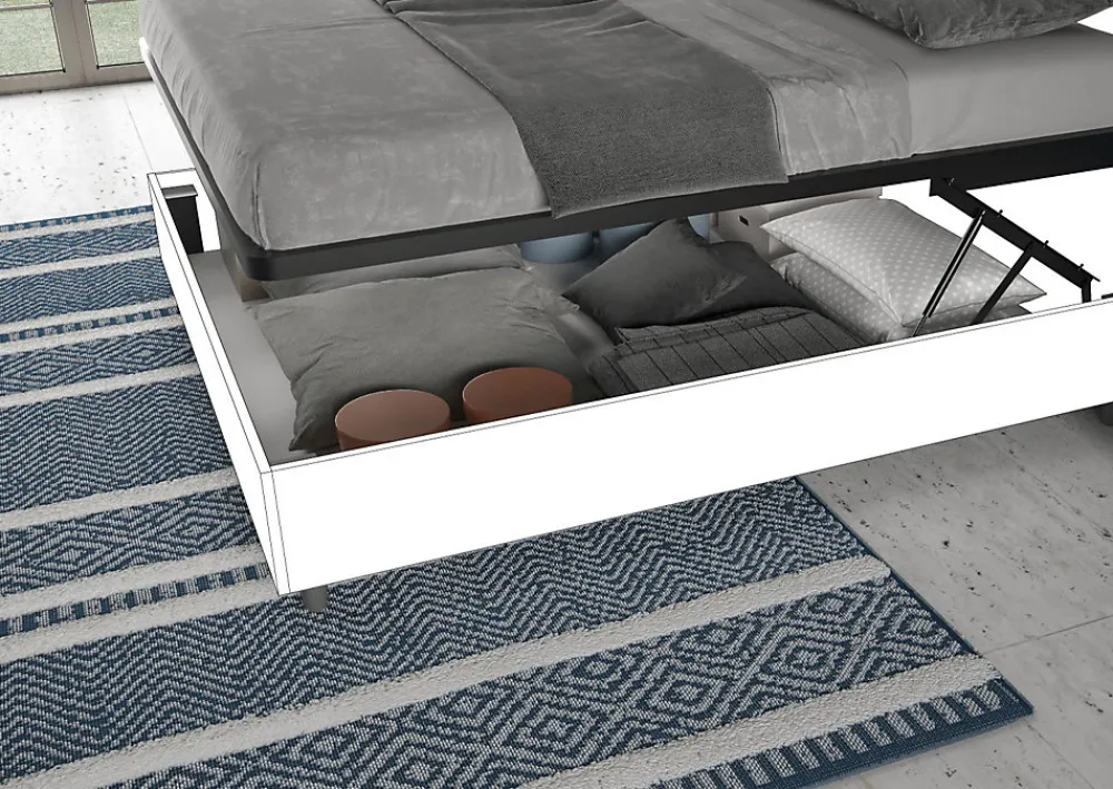 Lit double avec rangement, double relevable, 160x200 cm, bois de frêne blanc, coussins simili cuir gris tourterelle, Egos Antea>Ityhome New