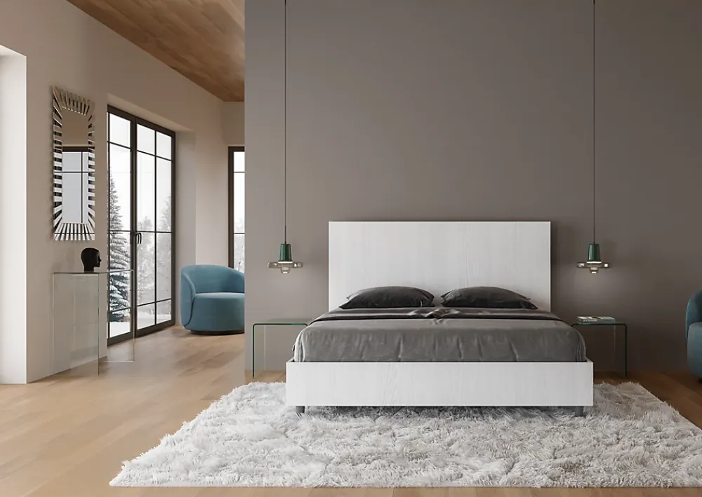 Ityhome Lit double avec rangement, double relevable, 160x200 cm, frêne blanc, New Egos* Lit Coffre