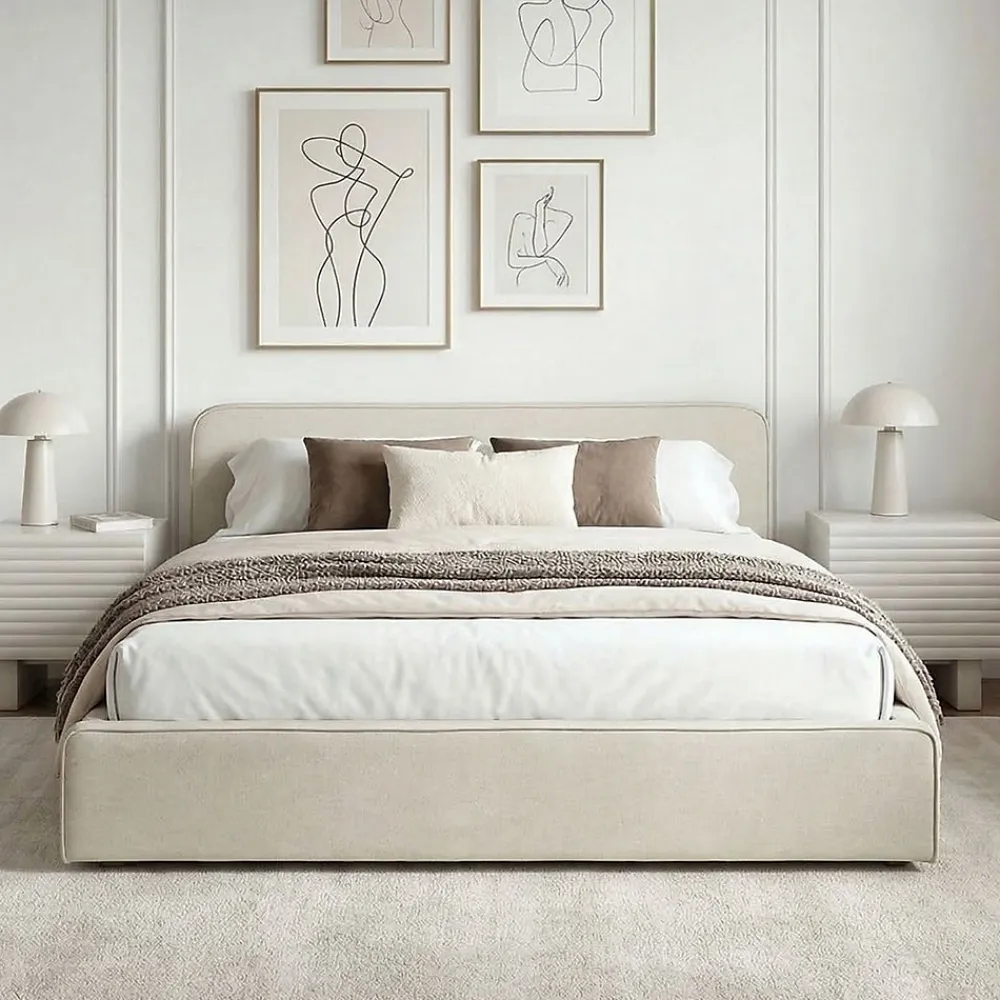 Idimex Lit double BELARTI 140 x 190 cm rembourré, revêtement en tissu - Blanc crème* Lit Double