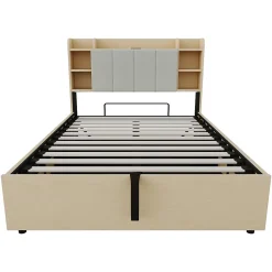 Redom Lit double bois 140 par 200 cm avec tete de lit rangement prise USB et Type C systeme hydraulique sans matelas* Lit Avec Rangement