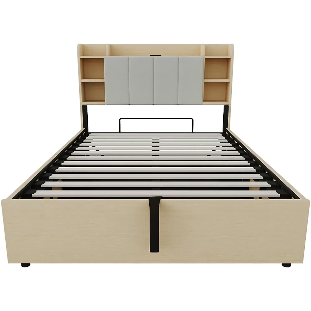 Redom Lit double bois 140 par 200 cm avec tete de lit rangement prise USB et Type C systeme hydraulique sans matelas* Lit Avec Rangement