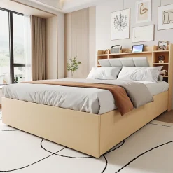 Redom Lit double bois 140 par 200 cm avec tete de lit rangement prise USB et Type C systeme hydraulique sans matelas* Lit Avec Rangement