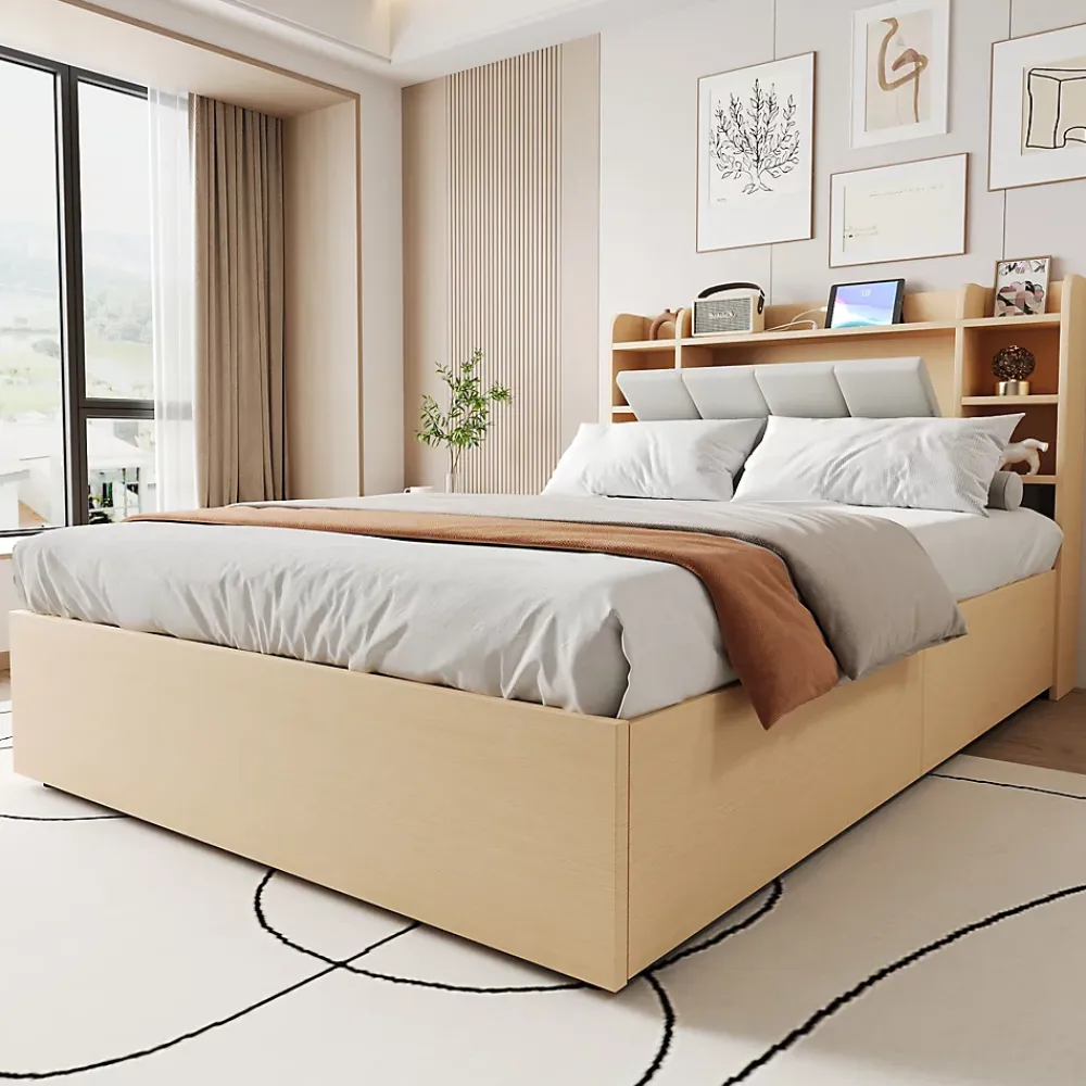 Redom Lit double bois 140 par 200 cm avec tete de lit rangement prise USB et Type C systeme hydraulique sans matelas* Lit Avec Rangement