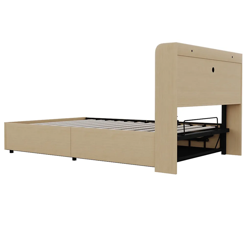Redom Lit double bois 140 par 200 cm avec tete de lit rangement prise USB et Type C systeme hydraulique sans matelas* Lit Avec Rangement