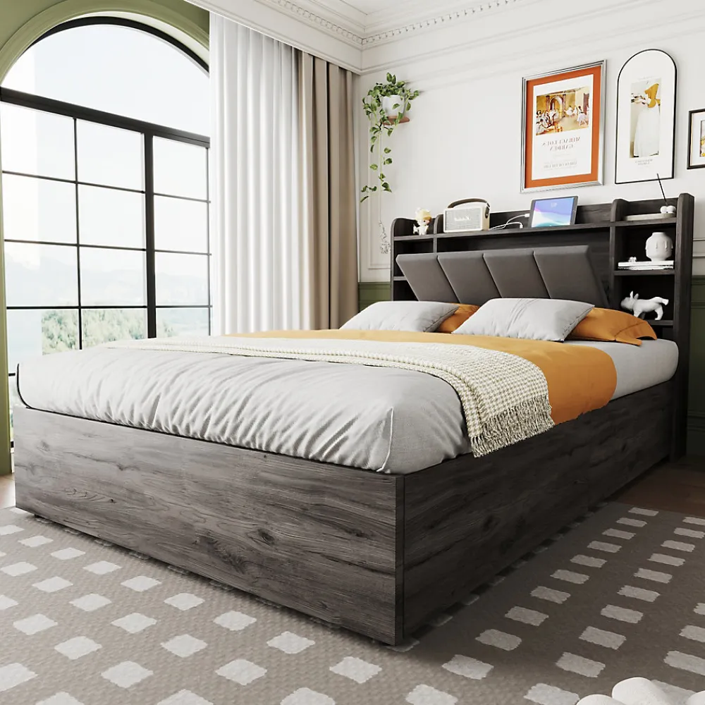Lit double bois gris 140 par 200 cm avec tete de lit rangement prise USB et Type C systeme hydraulique sans matelas>Redom Hot