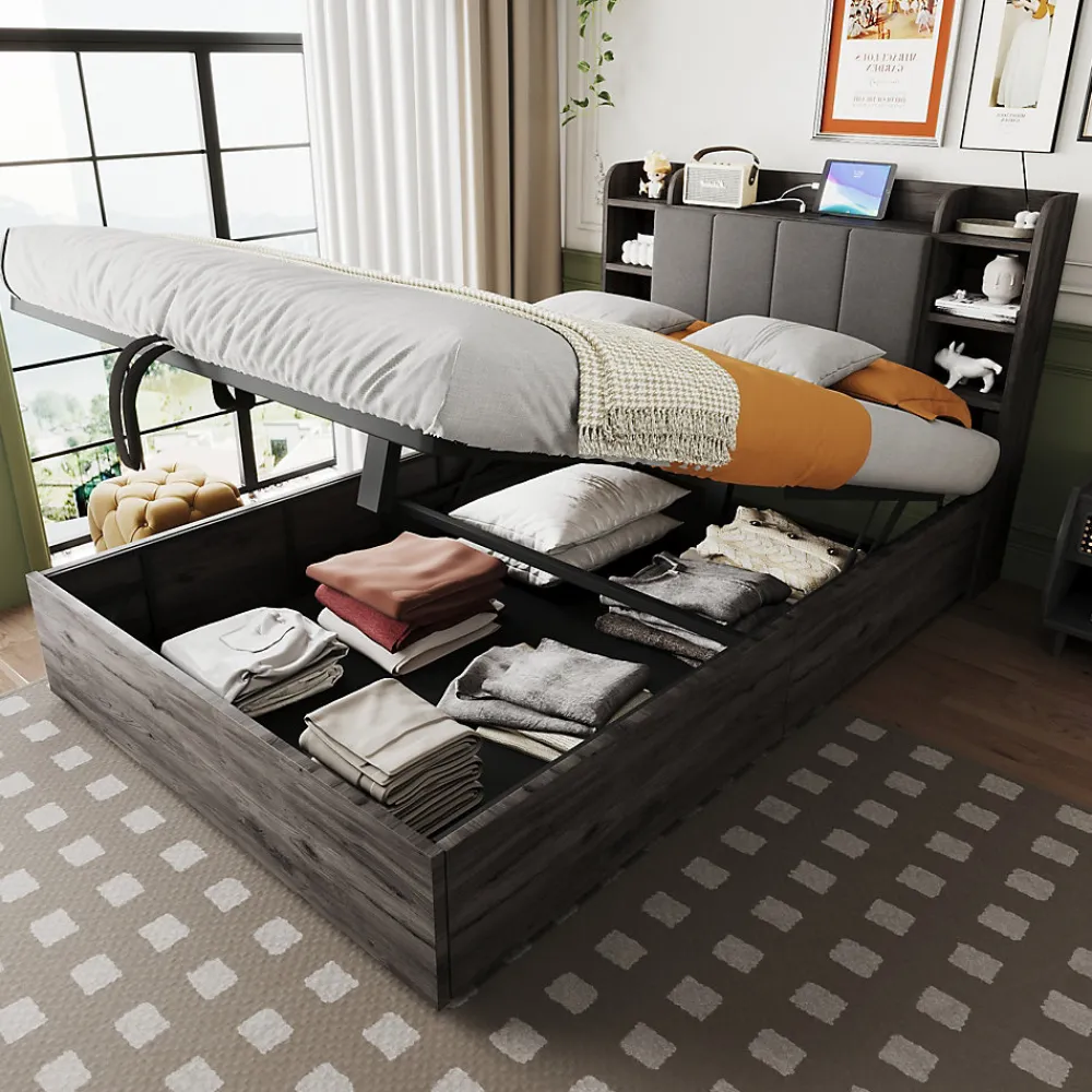 Lit double bois gris 140 par 200 cm avec tete de lit rangement prise USB et Type C systeme hydraulique sans matelas>Redom Hot