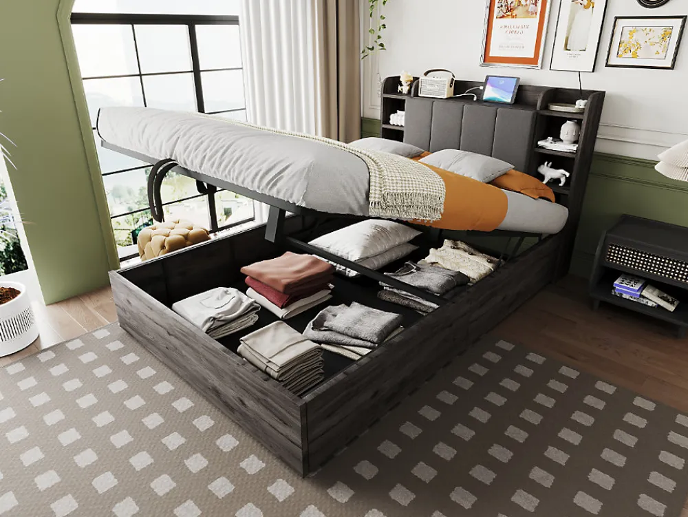 Lit double bois gris 140 par 200 cm avec tete de lit rangement prise USB et Type C systeme hydraulique sans matelas>Redom Hot