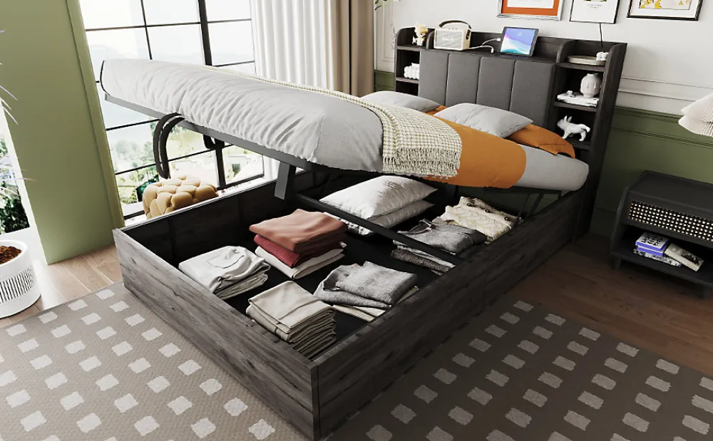 Lit double bois gris 140 par 200 cm avec tete de lit rangement prise USB et Type C systeme hydraulique sans matelas>Redom Hot