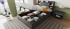 Lit double bois gris 140 par 200 cm avec tete de lit rangement prise USB et Type C systeme hydraulique sans matelas><noscript><img width=
