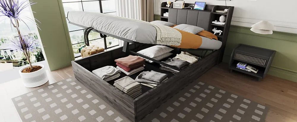 Lit double bois gris 140 par 200 cm avec tete de lit rangement prise USB et Type C systeme hydraulique sans matelas>Redom Hot
